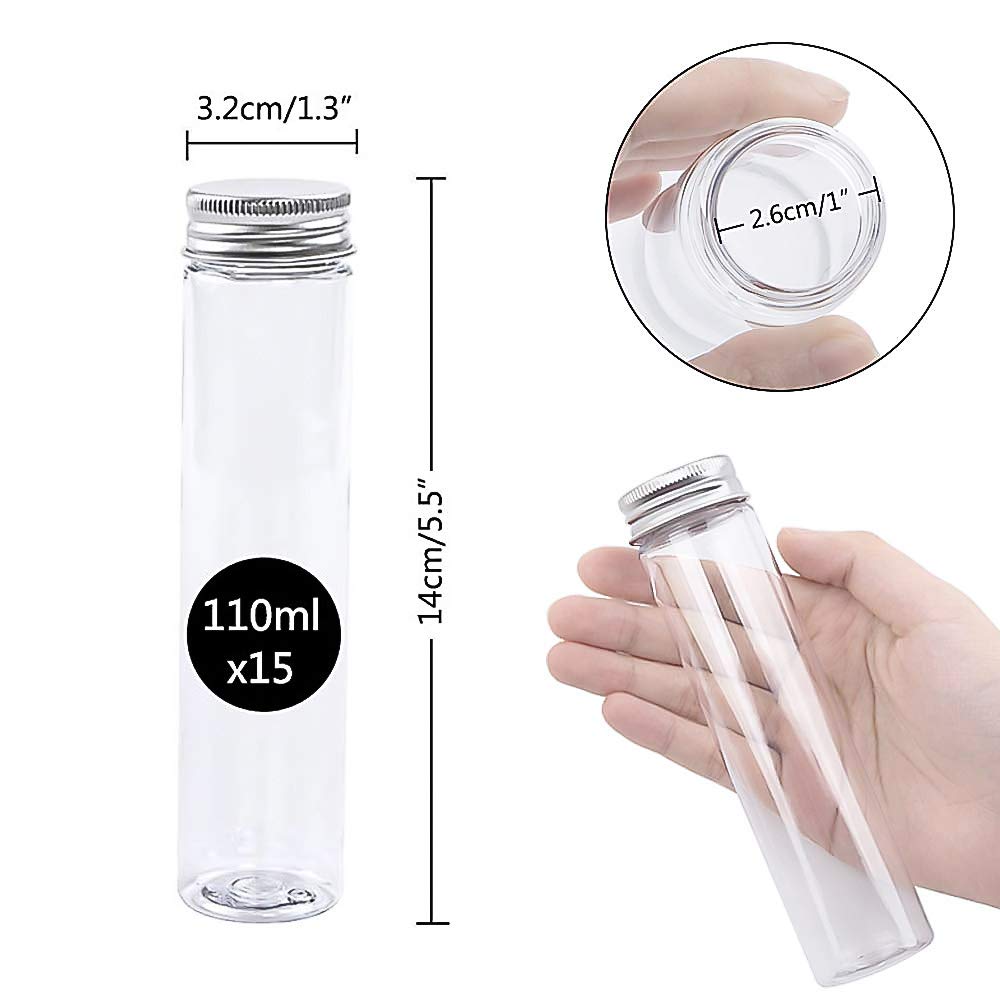 JPSOR 15pcs 110ml Plastic Test Tubes with Screw Caps 140 x 35mm Clear Flat Large Test Tubes with Lids and 1 Brush for Bath Salt, Candy Storage, Party Favors, Scientific Experiments