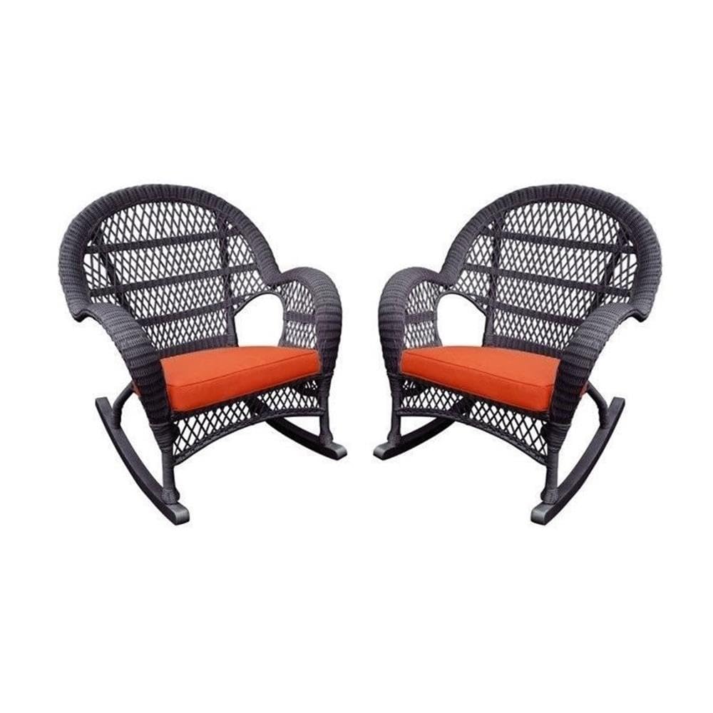 Jeco Wicker Rocker Chair with Orange Cushion, Set of 2, Espresso