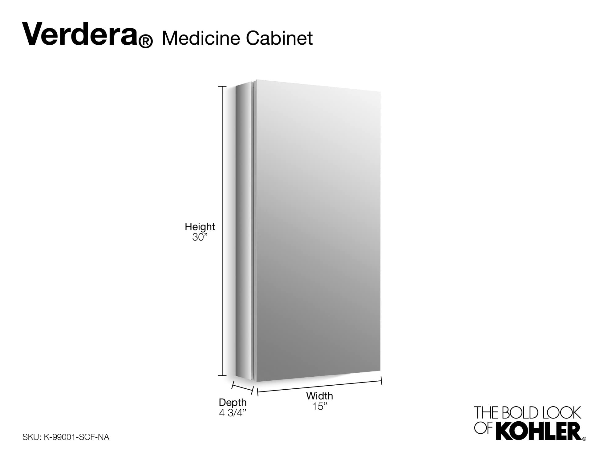 Kohler Verdera 15 in. W x 30 in. H Aluminum medicine cabinet with adjustable flip-out flat mirror