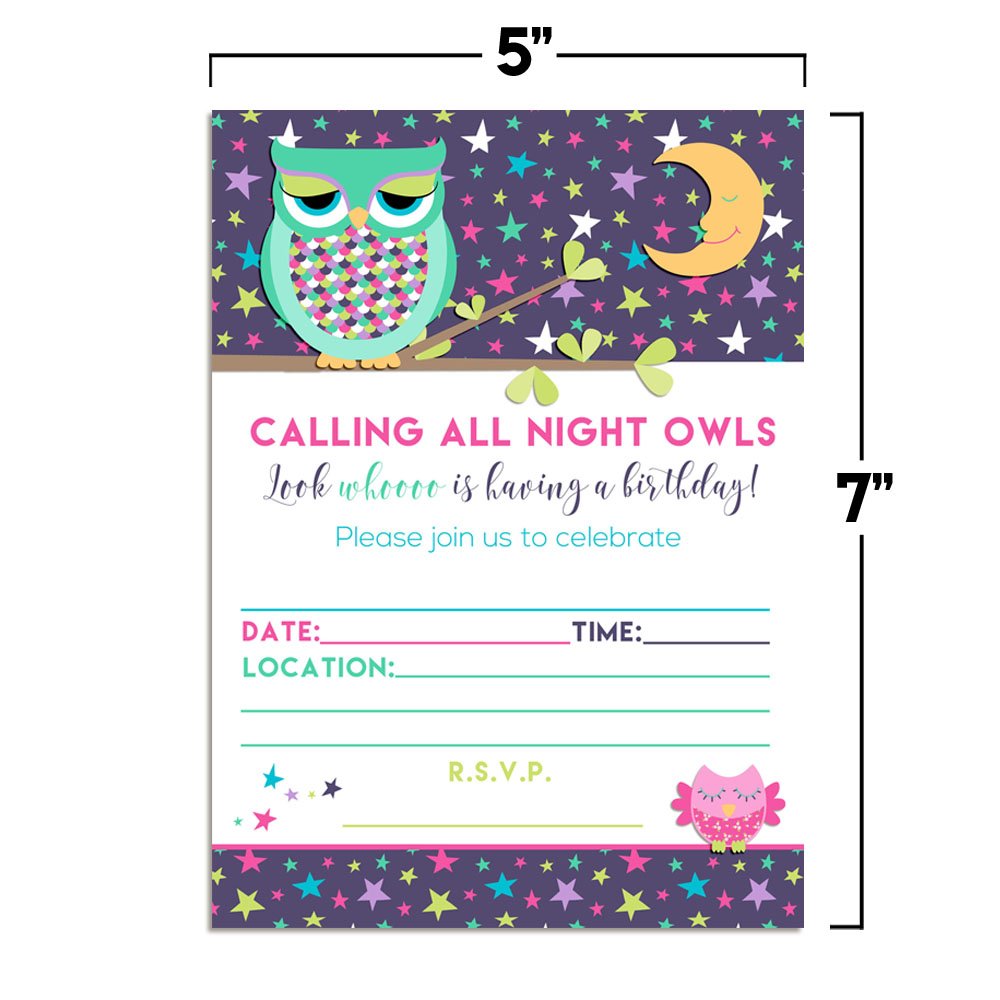 Night Owl Slumber Birthday Party Themed Party Invitations, 20 5x7 Fill In Cards with Twenty White Envelopes by AmandaCreation