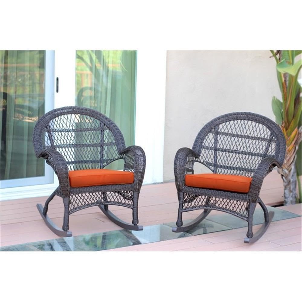 Jeco Wicker Rocker Chair with Orange Cushion, Set of 2, Espresso