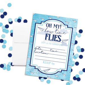 Paper Airplane Time Flies Themed Birthday Party Invitations, 20 5x7 Fill In Cards with Twenty White Envelopes by AmandaCreation