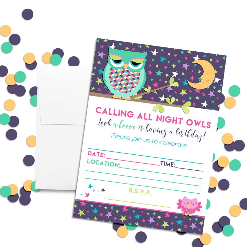 Night Owl Slumber Birthday Party Themed Party Invitations, 20 5x7 Fill In Cards with Twenty White Envelopes by AmandaCreation