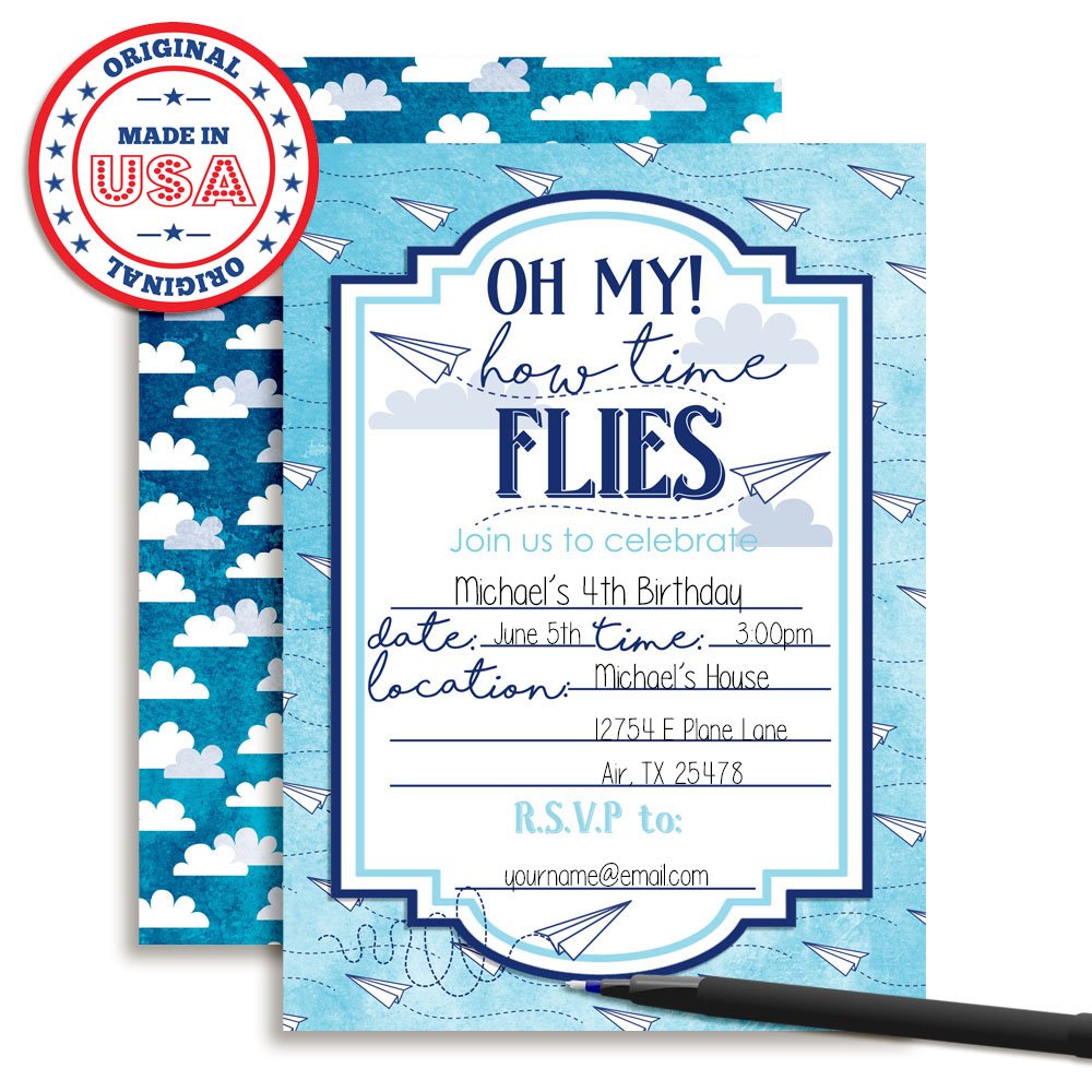 Paper Airplane Time Flies Themed Birthday Party Invitations, 20 5x7 Fill In Cards with Twenty White Envelopes by AmandaCreation