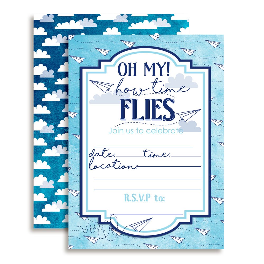 Paper Airplane Time Flies Themed Birthday Party Invitations, 20 5x7 Fill In Cards with Twenty White Envelopes by AmandaCreation