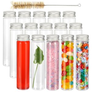 jpsor 15pcs 110ml plastic test tubes with screw caps 140 x 35mm clear flat large test tubes with lids and 1 brush for bath salt, candy storage, party favors, scientific experiments