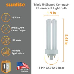 Sunlite CFL Plug-in PLT 4-Pin Triple Tube Light, 32 Watts, 4-Pin GX24q3 Base, 2400 Lumens, 3500K Neutral White, 10 Pack