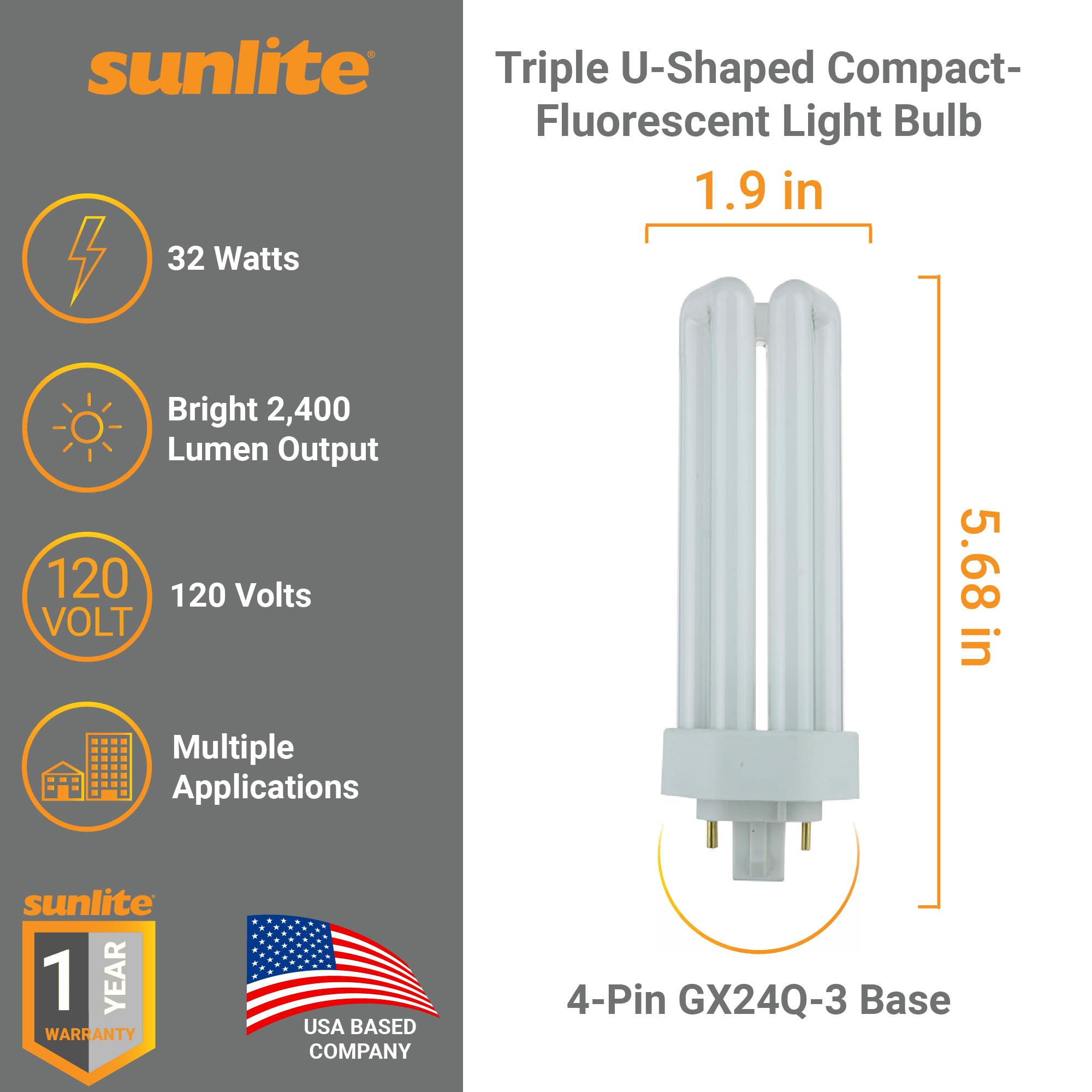 Sunlite CFL Plug-in PLT 4-Pin Triple Tube Light, 32 Watts, 4-Pin GX24q3 Base, 2400 Lumens, 3500K Neutral White, 10 Pack