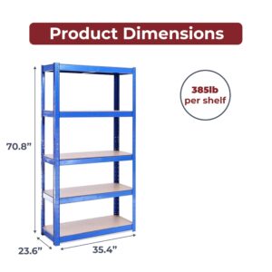 Garage Shelving Units - 71" H x 35" L x 24" W - Heavy Duty Racking - Shelves for Storage -1 Bay - Blue - 5 Tier - 2000LB Capacity (400LB Per Shelf) - Workshop, Shed, Office - 5 Year Warranty