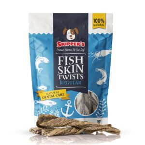 skipper's cod fish skin twists dog chews - 100% fish skin grain free treats for dogs, high in protein & low in fat, essential omega 3 oils | great for teeth (regular, 9 oz)