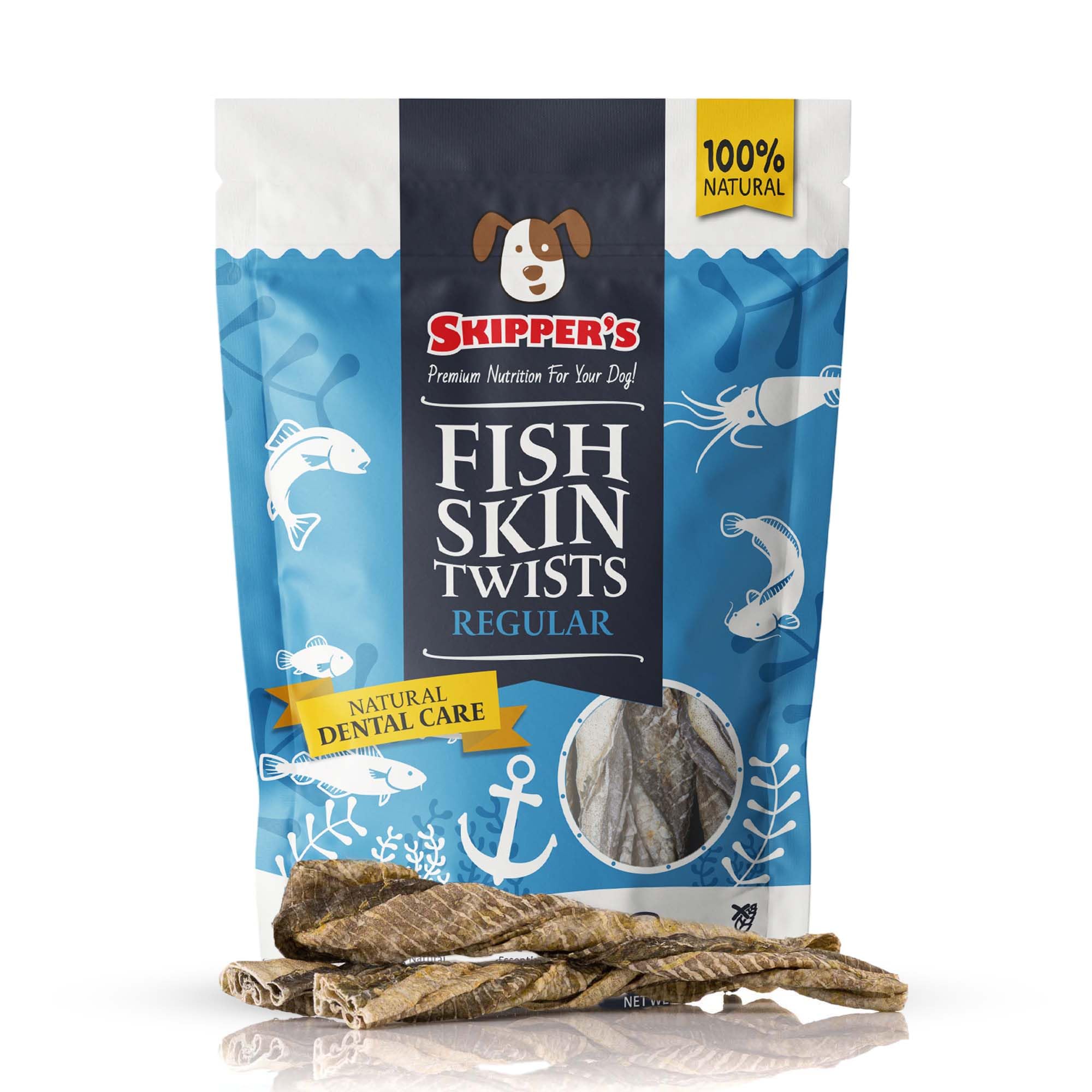 SKIPPER'S Cod Fish Skin Twists Dog Chews - 100% Fish Skin Grain Free Treats for Dogs, High in Protein & Low in Fat, Essential Omega 3 Oils | Great for Teeth (Regular, 9 Oz)