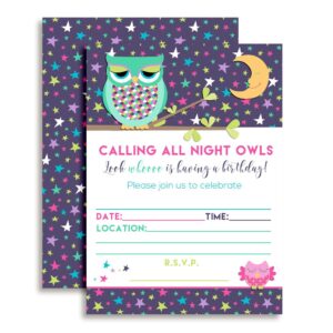 night owl slumber birthday party themed party invitations, 20 5x7 fill in cards with twenty white envelopes by amandacreation