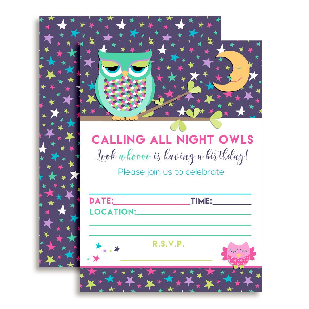 Night Owl Slumber Birthday Party Themed Party Invitations, 20 5x7 Fill In Cards with Twenty White Envelopes by AmandaCreation