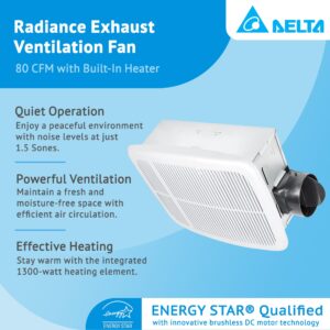 Delta Breez Radiance Exhaust Bathroom Fan 80 CFM Energy Efficient Quiet Operation Brushless Motor with Built-In Thermostat Heater, White