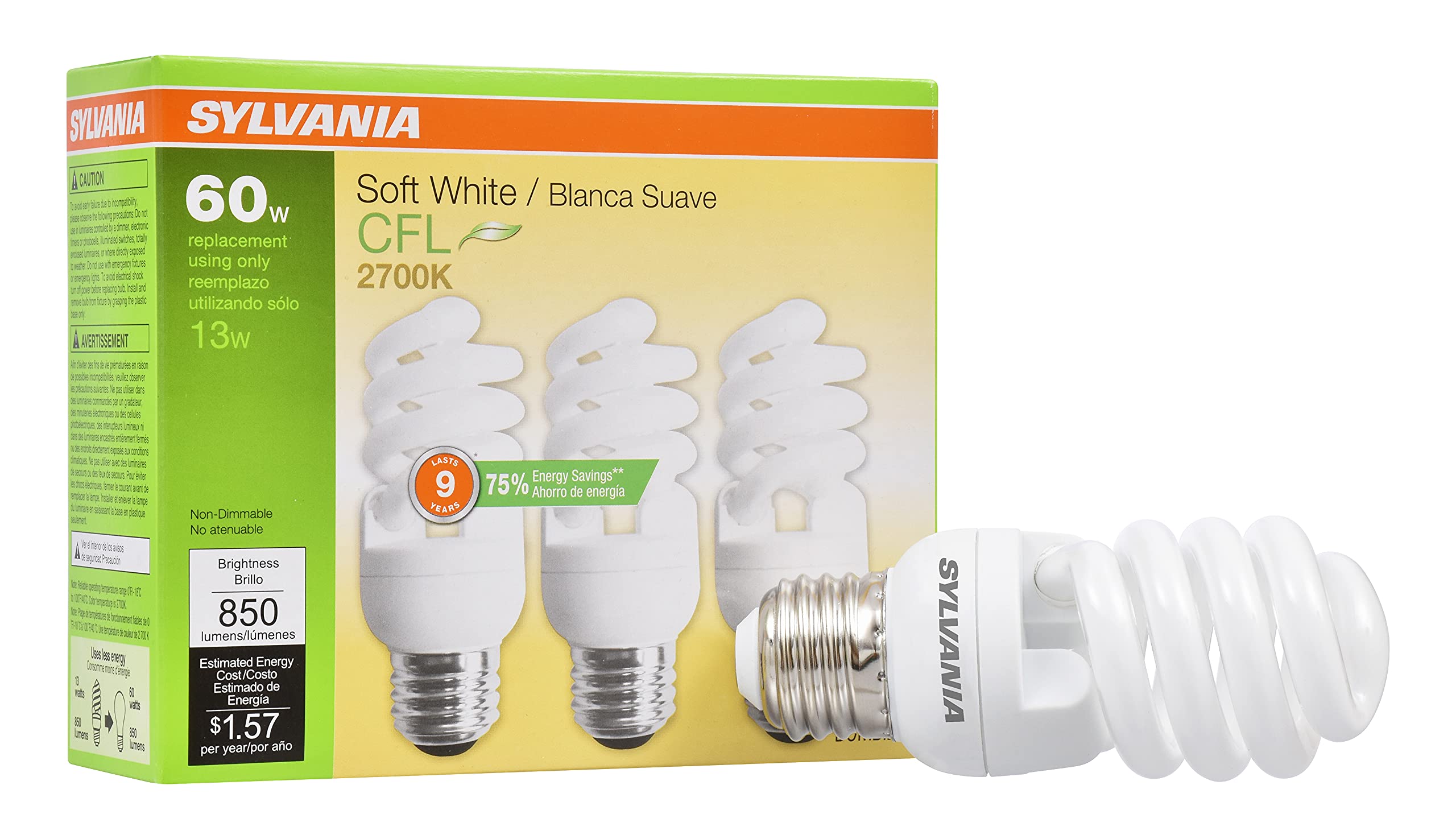 SYLVANIA T2 Twist Light Bulb, 60W Equivalent, Efficient 13W, Ballasted E26 Medium Base, 850 Lumens, 2700K, Soft White - 3 Pack (26371)