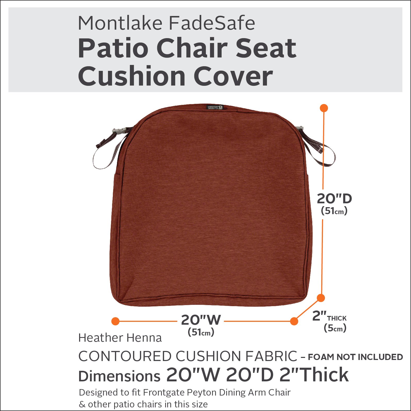 Classic Accessories Montlake Water-Resistant 20 x 20 x 2 Inch Square Outdoor Seat Cushion Slip Cover, Patio Furniture Chair Cushion Cover, Heather Henna Red, Patio Furniture Cushion Covers