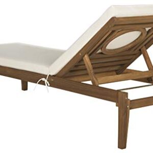 SAFAVIEH Outdoor Collection Montclair Natural Solid Wood/Beige Cushion Adjustable Chaise Lounge Chair (PAT6731A)