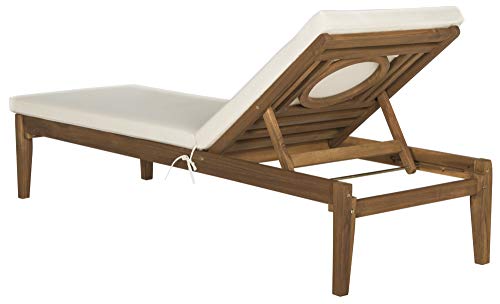 SAFAVIEH Outdoor Collection Montclair Natural Solid Wood/Beige Cushion Adjustable Chaise Lounge Chair (PAT6731A)