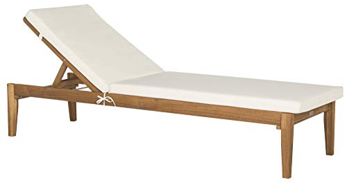 SAFAVIEH Outdoor Collection Montclair Natural Solid Wood/Beige Cushion Adjustable Chaise Lounge Chair (PAT6731A)