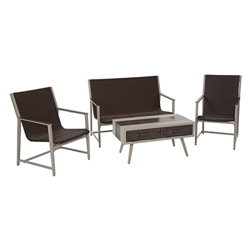 Novogratz Outdoor Living Santa Fe Lounge Set, Brown Wicker and Cream Frame, Brushed Wood Grain Accents