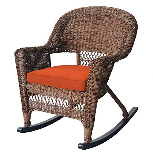 Jeco Rocker Wicker Chair with Red Cushion, Set of 2, Honey