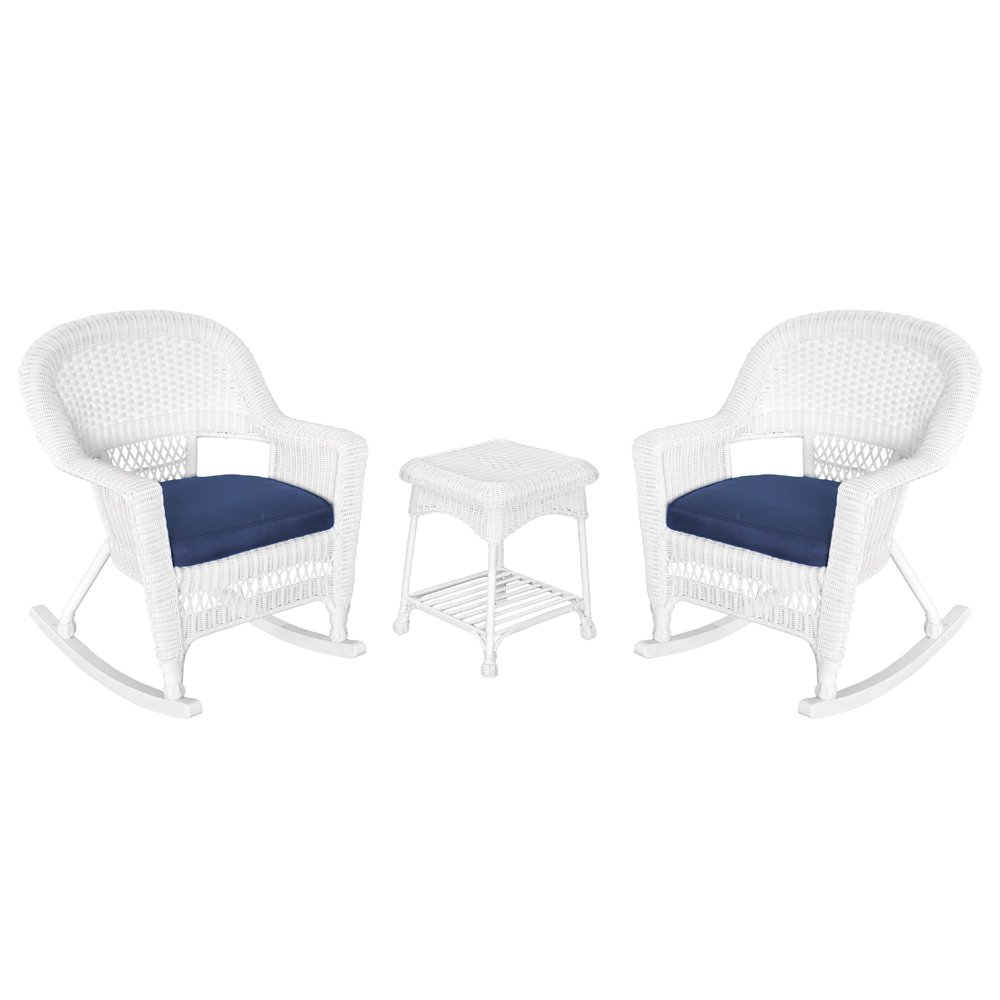 Jeco 3 Piece Rocker Wicker Chair Set With Blue Cushion, White