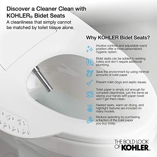 KOHLER 18751-0 PureWash E525 Elongated Warm Water Bidet Toilet Seat, Electric Bidets for Existing Toilets, Adjustable Bidet Sprayer, White