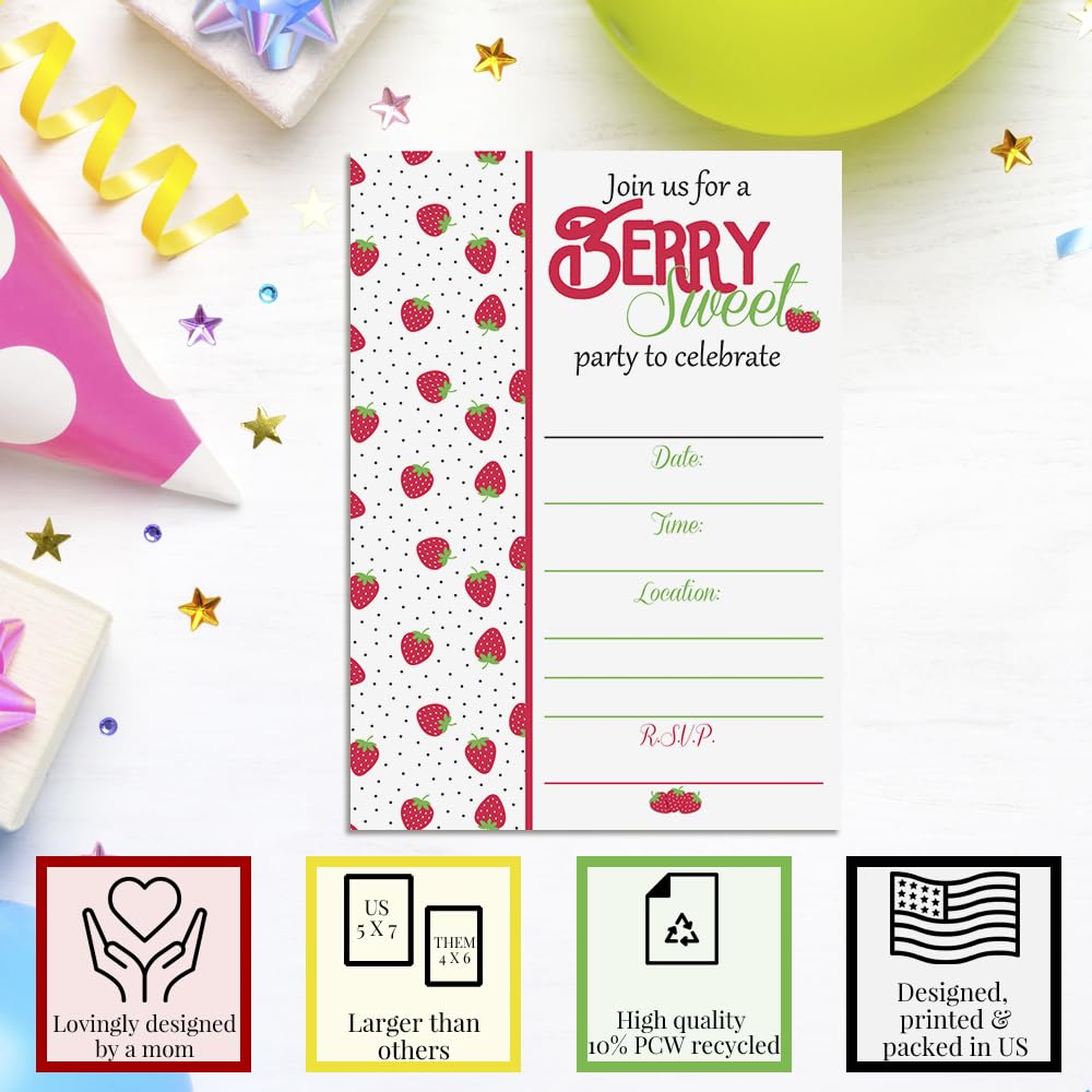 Strawberry Themed Birthday Party Invitations, 20 5x7 Fill In Cards with Twenty White Envelopes by AmandaCreation