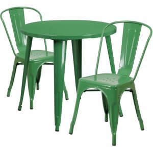 flash furniture commercial grade 30" round green metal indoor-outdoor table set with 2 cafe chairs