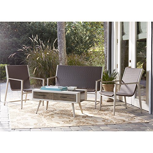 Novogratz Outdoor Living Santa Fe Lounge Set, Brown Wicker and Cream Frame, Brushed Wood Grain Accents