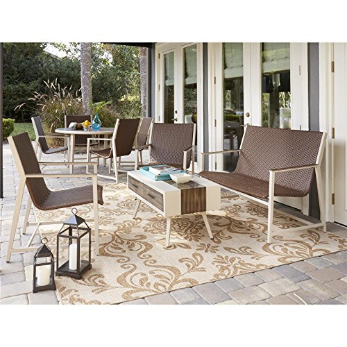 Novogratz Outdoor Living Santa Fe Lounge Set, Brown Wicker and Cream Frame, Brushed Wood Grain Accents