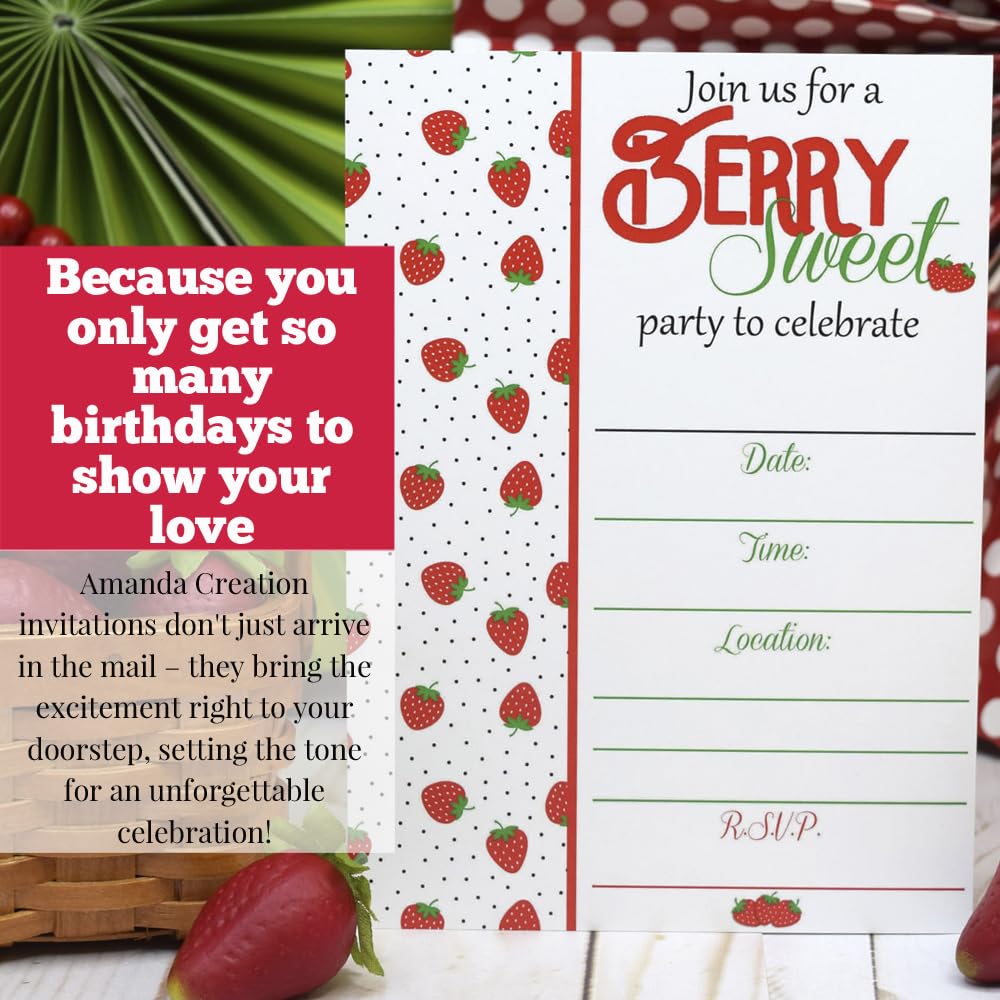 Strawberry Themed Birthday Party Invitations, 20 5x7 Fill In Cards with Twenty White Envelopes by AmandaCreation