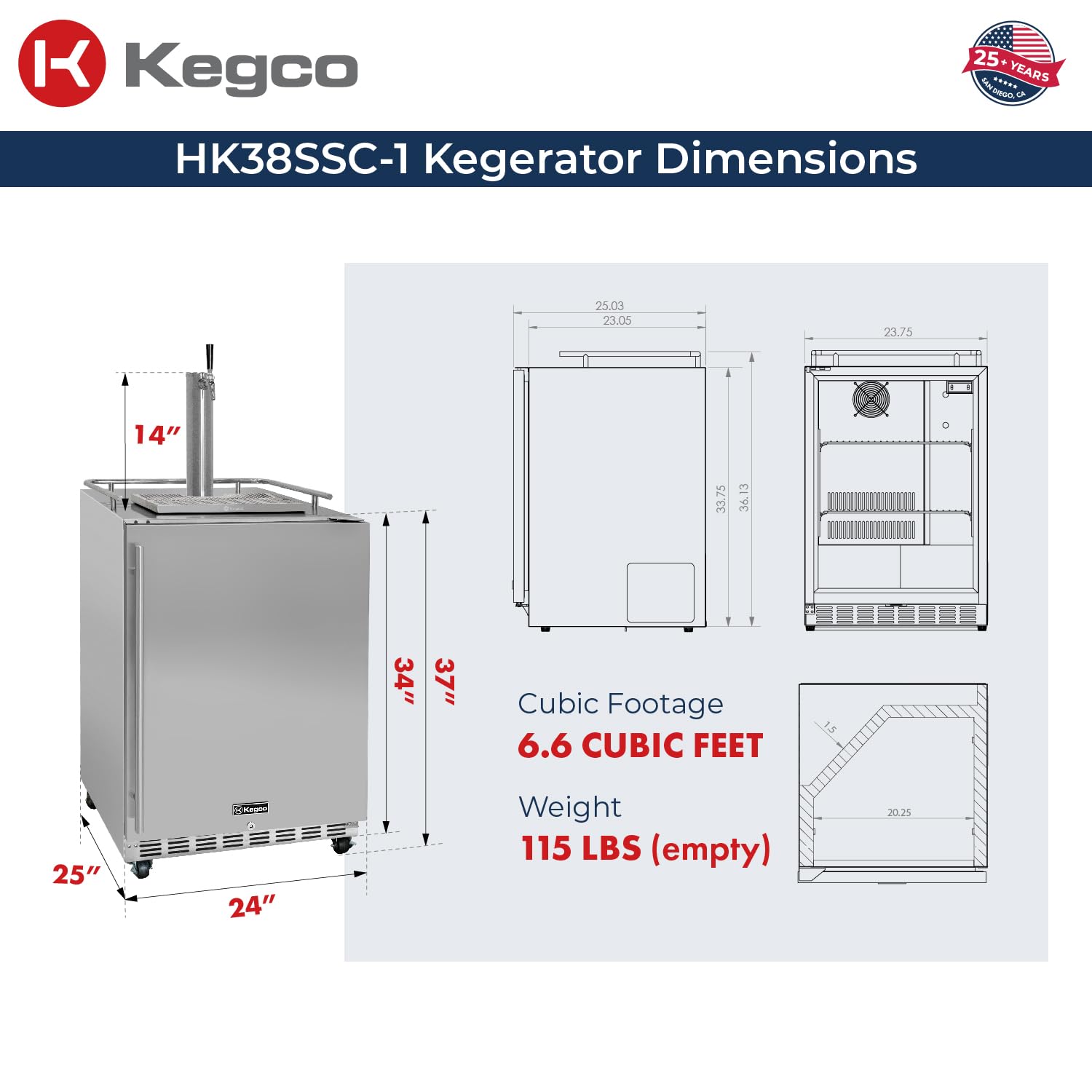 Kegco Kegerator 24" Wide Single Tap Stainless Steel Commercial Beer Dispenser HK38SSC-1