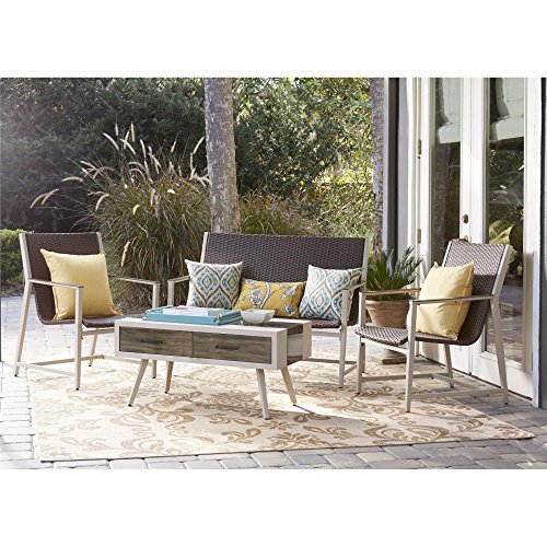 Novogratz Outdoor Living Santa Fe Lounge Set, Brown Wicker and Cream Frame, Brushed Wood Grain Accents