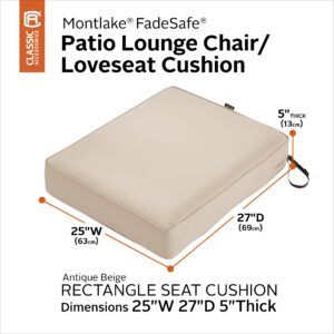 Classic Accessories Montlake Water-Resistant 25 x 27 x 5 Inch Rectangle Outdoor Seat Cushion, Patio Furniture Chair Cushion, Antique Beige, Outdoor Cushion Cover