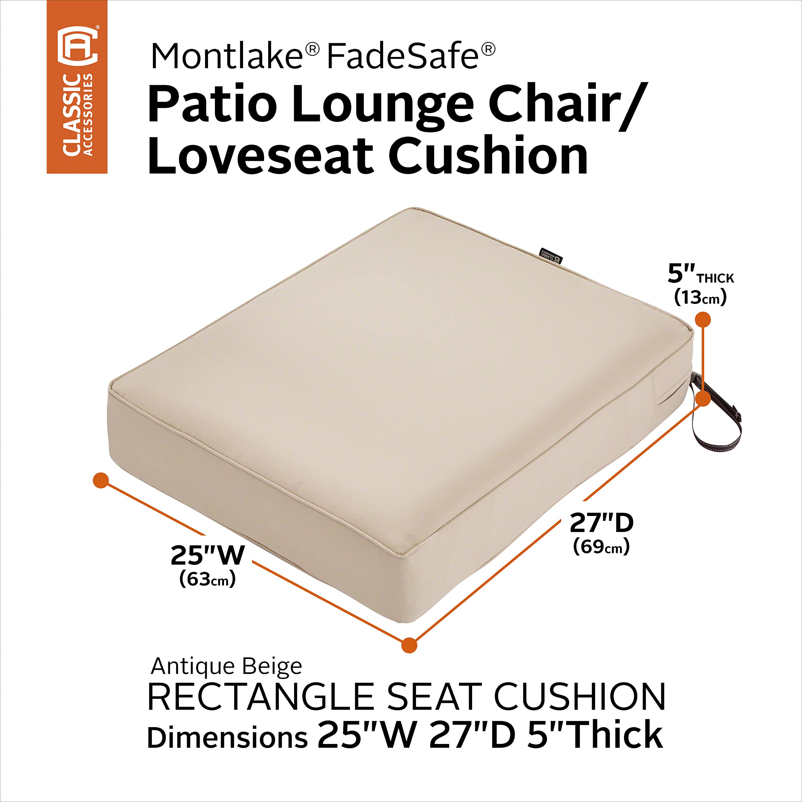 Classic Accessories Montlake Water-Resistant 25 x 27 x 5 Inch Rectangle Outdoor Seat Cushion, Patio Furniture Chair Cushion, Antique Beige, Outdoor Cushion Cover