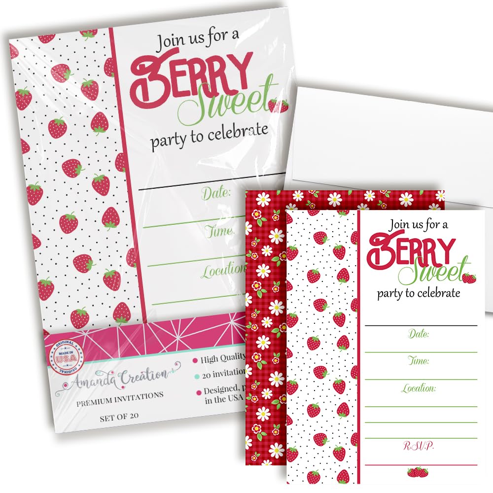 Strawberry Themed Birthday Party Invitations, 20 5x7 Fill In Cards with Twenty White Envelopes by AmandaCreation