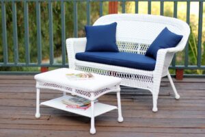 jeco wicker patio love seat and coffee table set with blue cushion, white