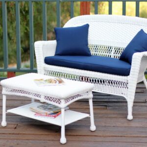 Jeco Wicker Patio Love Seat and Coffee Table Set with Blue Cushion, White