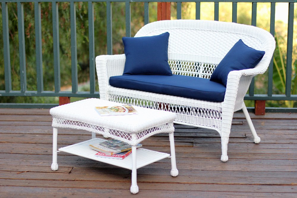 Jeco Wicker Patio Love Seat and Coffee Table Set with Blue Cushion, White