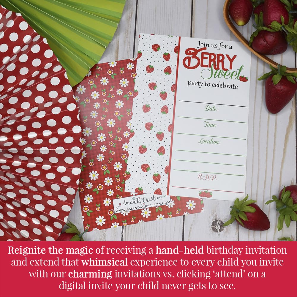 Strawberry Themed Birthday Party Invitations, 20 5x7 Fill In Cards with Twenty White Envelopes by AmandaCreation