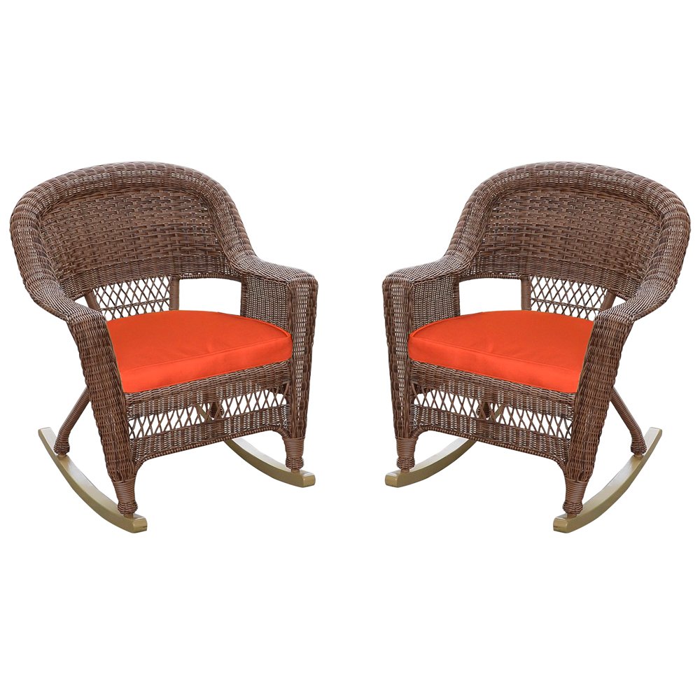 Jeco Rocker Wicker Chair with Red Cushion, Set of 2, Honey