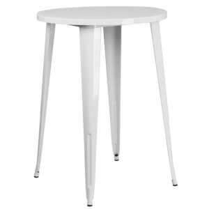 Flash Furniture Commercial Grade 30" Round White Metal Indoor-Outdoor Bar Table Set with 2 Vertical Slat Back Stools