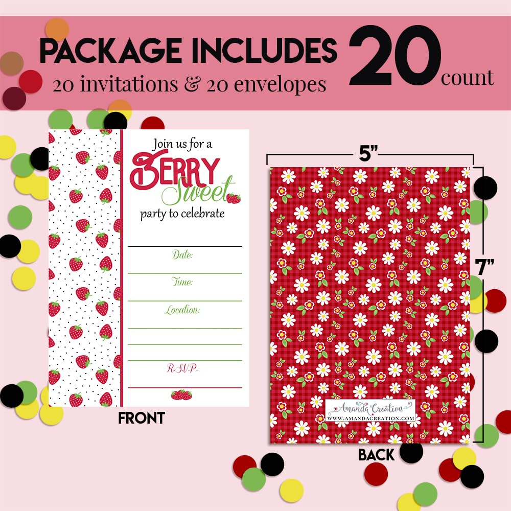 Strawberry Themed Birthday Party Invitations, 20 5x7 Fill In Cards with Twenty White Envelopes by AmandaCreation