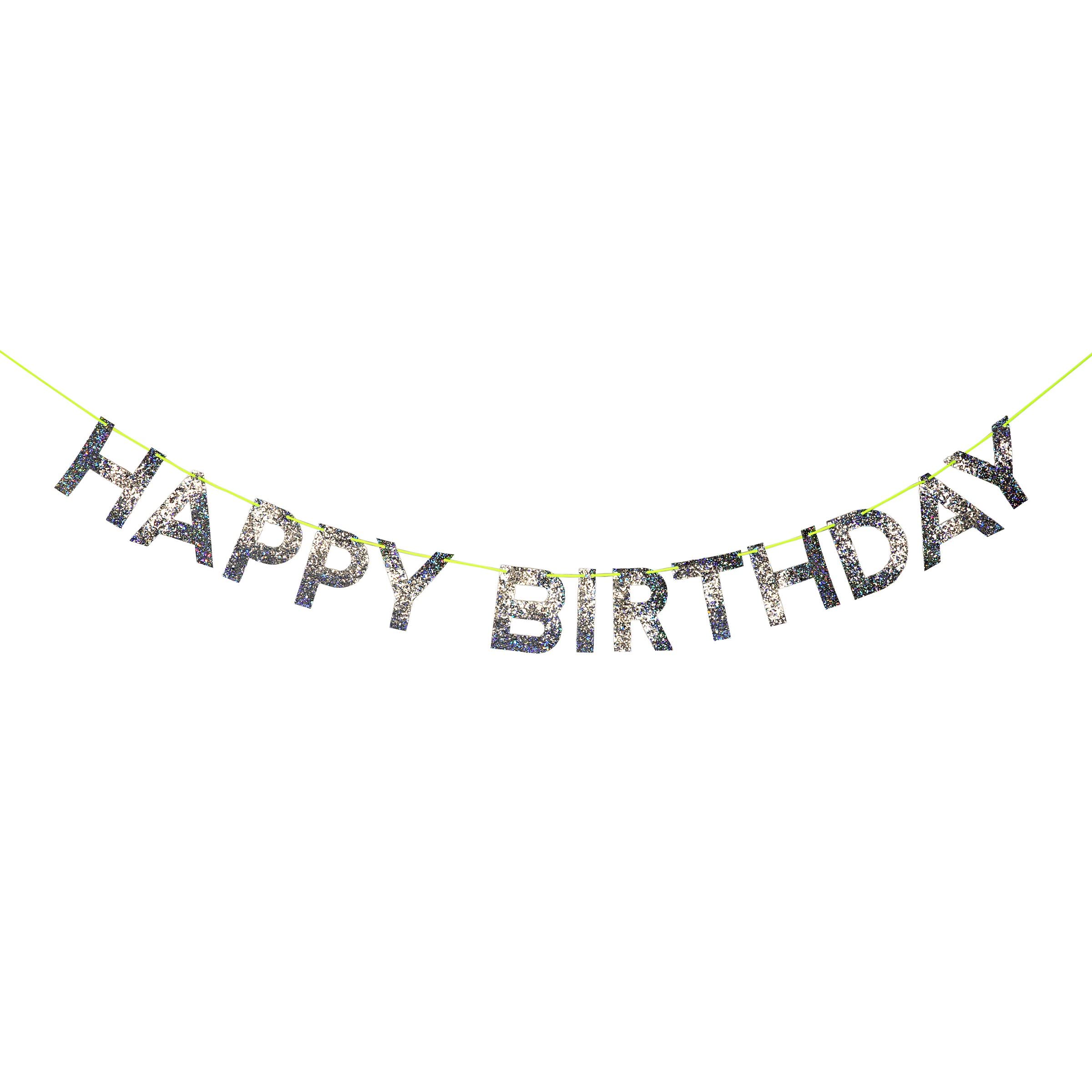 Meri Meri Silver Happy Birthday Banner (Pack of 1), 8' Birthday Party Banner with Excess Cord