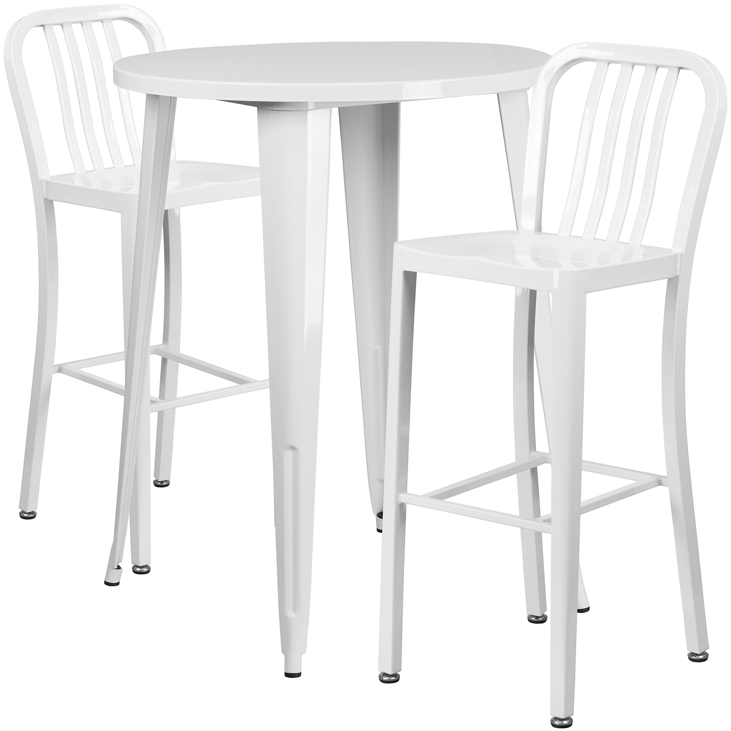 Flash Furniture Commercial Grade 30" Round White Metal Indoor-Outdoor Bar Table Set with 2 Vertical Slat Back Stools