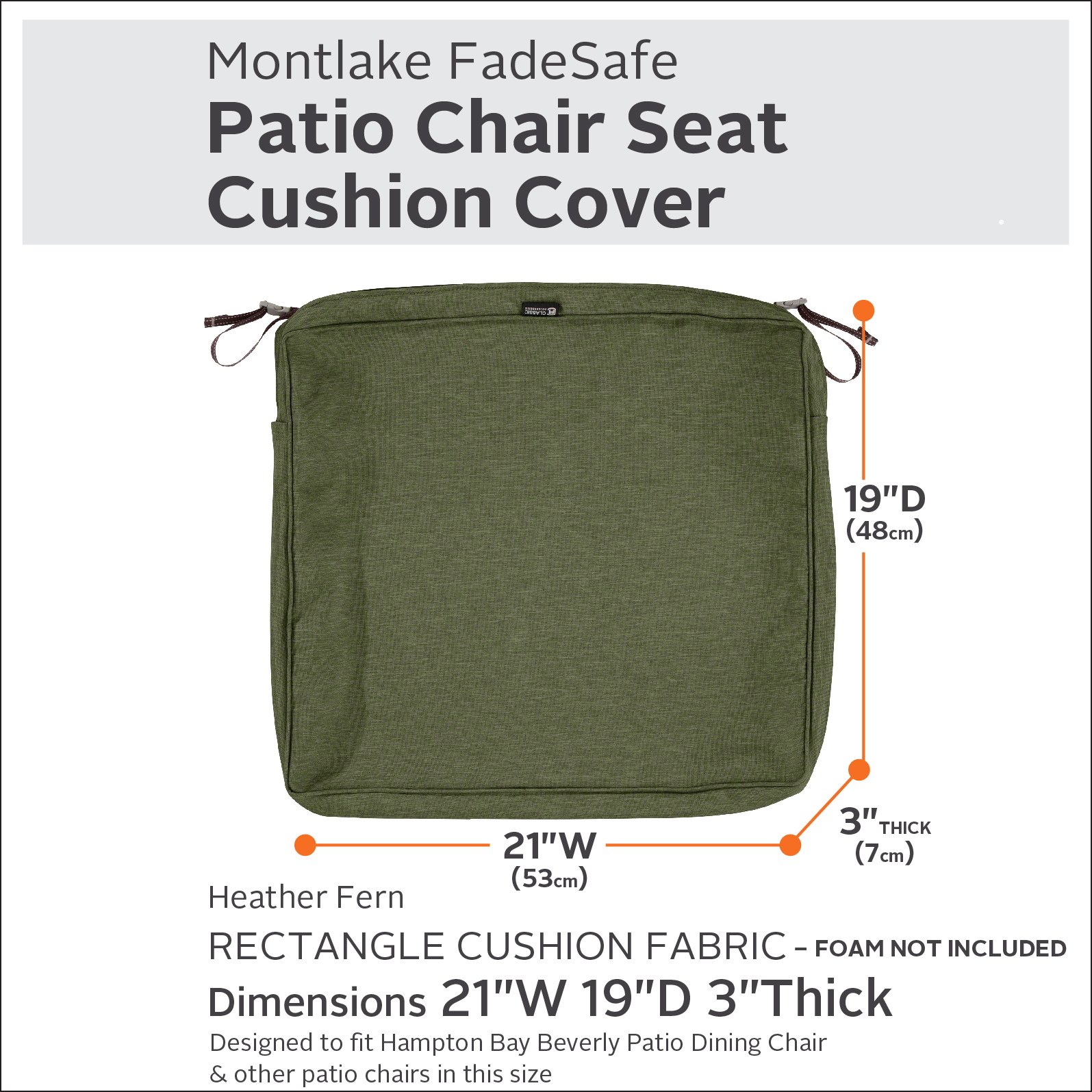 Classic Accessories Montlake Water-Resistant 21 x 19 x 3 Inch Rectangle Outdoor Seat Cushion Slip Cover, Patio Furniture Chair Cushion Cover, Heather Fern Green, Patio Furniture Cushion Covers