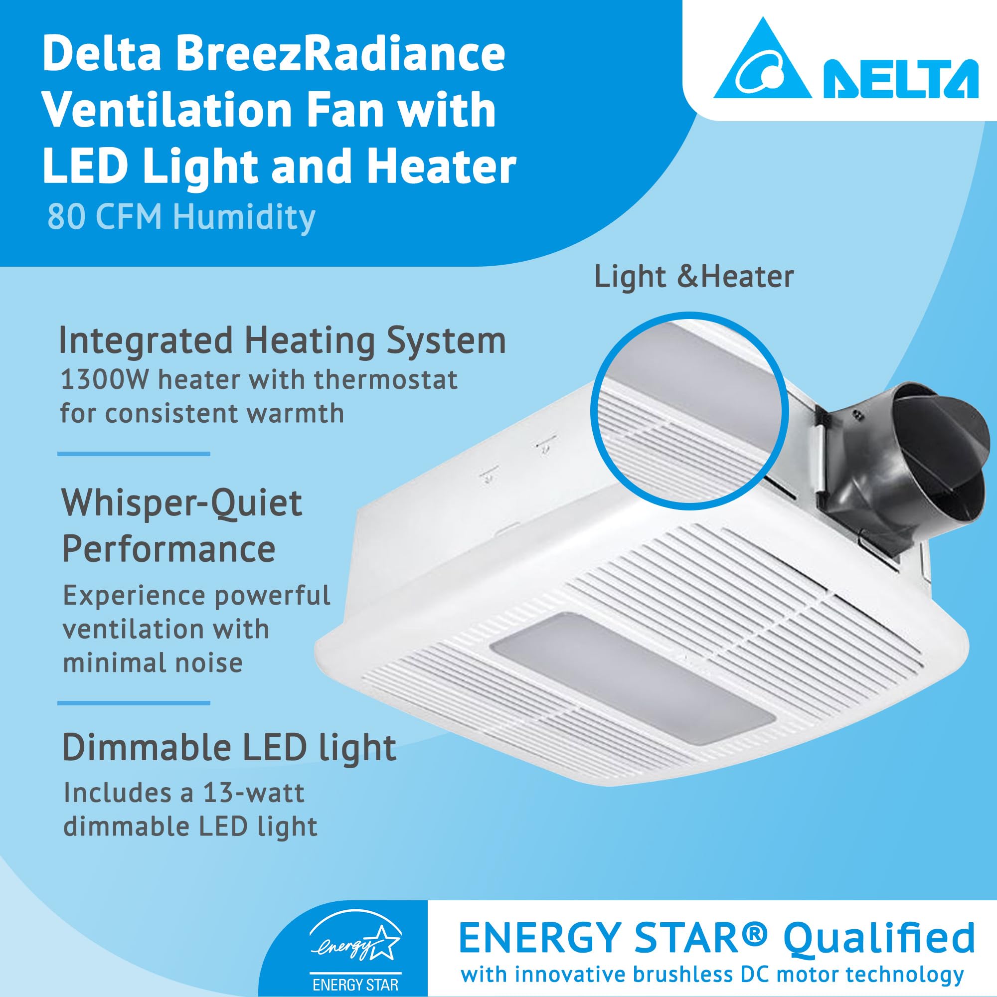 breez Delta Electronics RAD80LED BreezRadiance 80 CFM Bathroom Exhaust Fan LED Dimmable Light with Heater