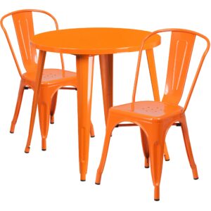 flash furniture commercial grade 30" round orange metal indoor-outdoor table set with 2 cafe chairs