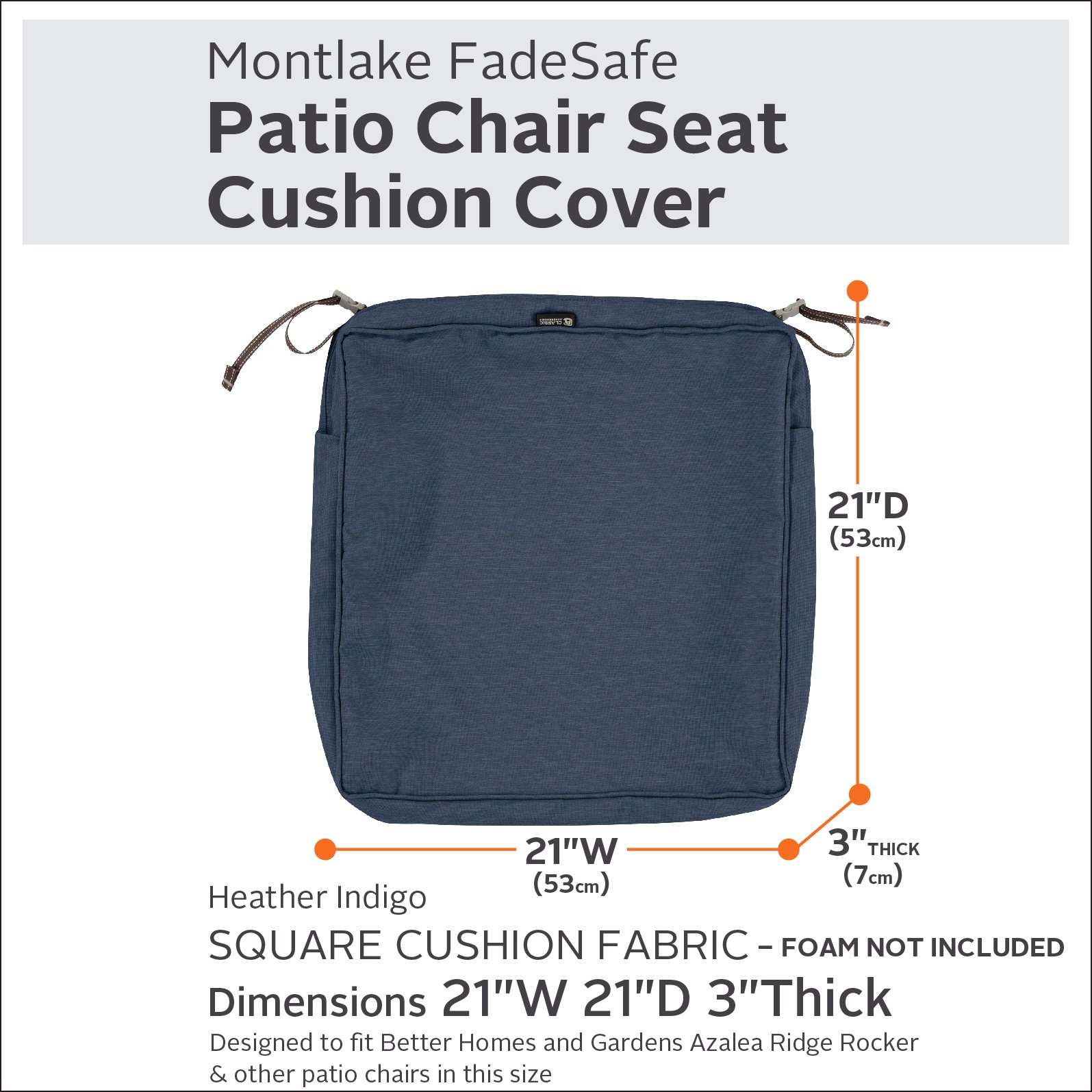 Classic Accessories Montlake Water-Resistant 21 x 21 x 3 Inch Square Outdoor Seat Cushion Slip Cover, Patio Furniture Chair Cushion Cover, Heather Indigo Blue, Patio Furniture Cushion Covers